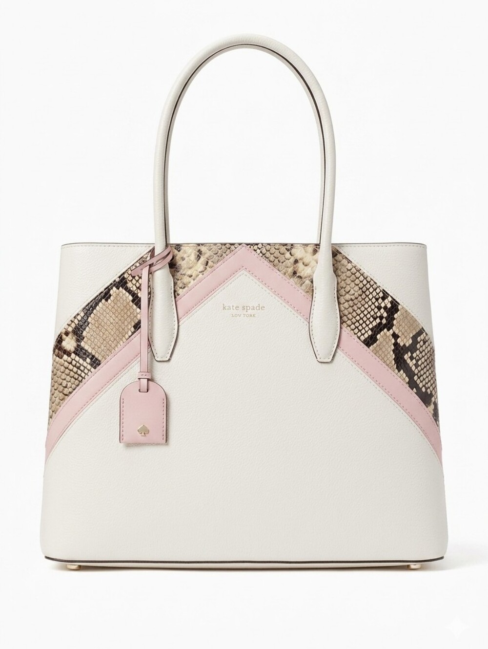 kate spade Cream Leather Tote with Pink Trim & Snake-Print Panels